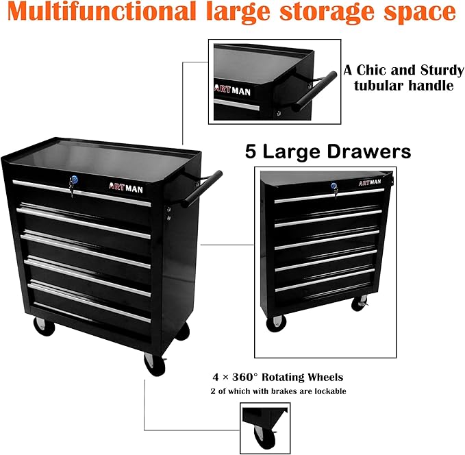 5-Drawer Tool Cart on Wheels, Rolling Tool Chest Storage, Trolley Organizer for Garage, Warehouse, Workshop, Repair Shop (5 Large Drawers-29.3"H-Black)