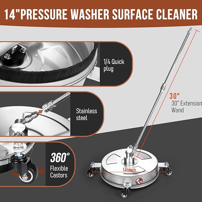 14" Pressure Washer Surface Cleaner with Wheels, 4000PSI Stainless Steel Surface Cleaner with 1/4" Quick Plug and 2 Extension Wands, for Patio Sidewalks, Deck, Porch Cleaning