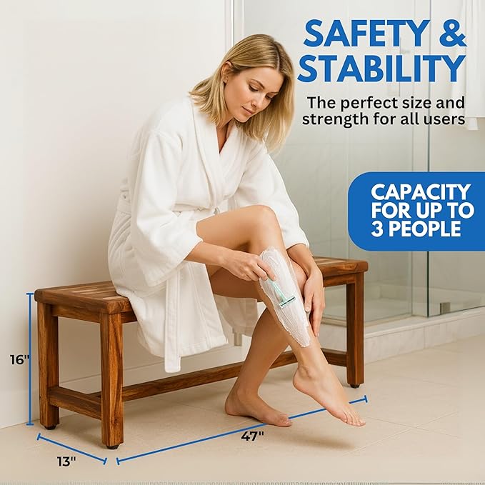 EcoDecors Eleganto 47 Inch Natural Color Waterproof Teak Wood Shower Bench Stool Seat Chair for Inside Shower Provides Safety, Storage, and Organization for Bathroom Accessories