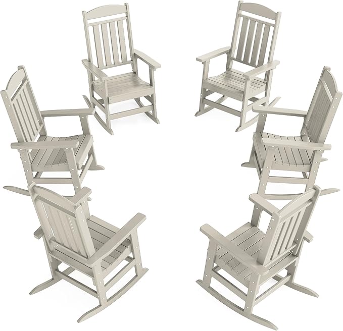 Outdoor Rocking Chairs Set of 6, Oversized High Back Patio Rocking Chairs, All Weather Porch Rocking Chairs for Outside. Sand