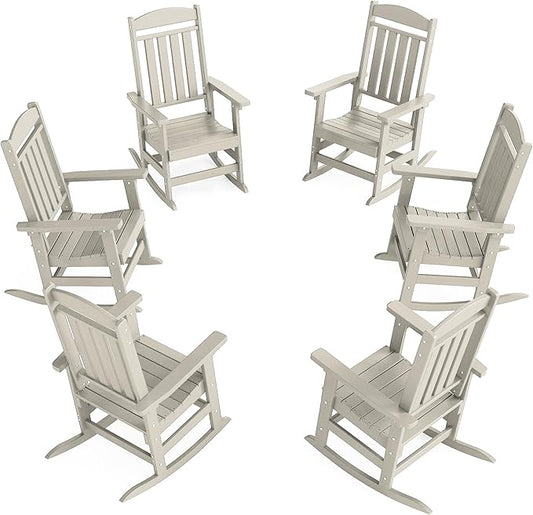 Outdoor Rocking Chairs Set of 6, Oversized High Back Patio Rocking Chairs, All Weather Porch Rocking Chairs for Outside. Sand