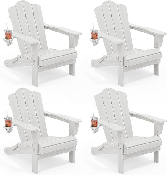 KINGYES Folding Adirondack Chair Set of 4, HDPE All-Weather Patio Chairs with Cup Holder, Wooden Textured Fire Pit Chairs for Poolside, Backyard, Deck, White