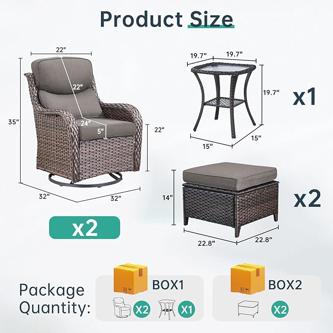 Outdoor Swivel Rocker Patio Chairs with 2 Ottomans - 5" Thick Cushion 5 Piece Furniture Set All Weather Wicker Conversation Set with Side Table for Porch Poolside and Deck - Brown/Gray