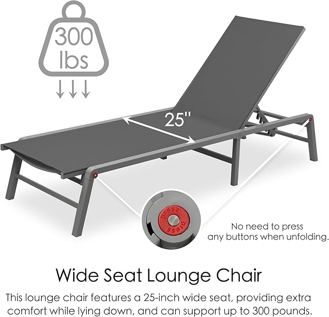 Kozyard 2 Packs Lounge Chair Outdoor Foldable Lounge Chair with 5 Adjustable Backrest Patio Lounger, Assemble-Free, Recliner and Full Flat Chair for Patio Beach Pool (2 Gray Textilence W/O Table)