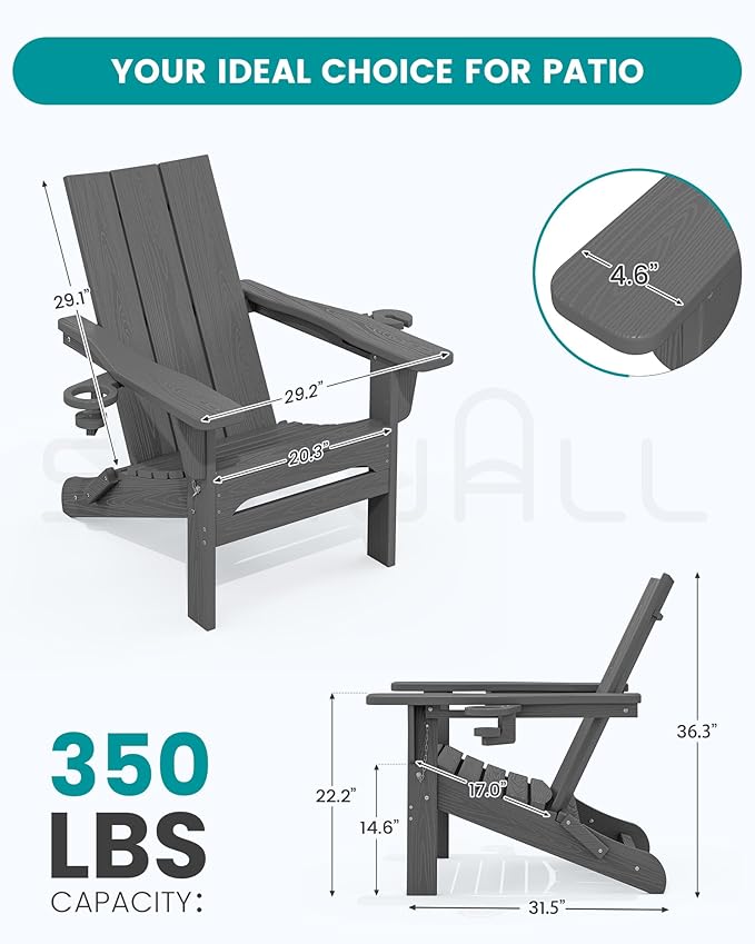 SERWALL Outdoor HDPE Adirondack Chair Set 8, Modern Folding Adirondack Chair with Cup Holders, Weather Resistant Fire Pit Chairs, Gray