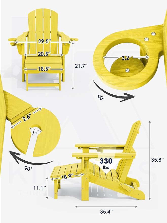 KINGYES Folding Adjustable Adirondack Chair with Ottoman & 2 Cup Holders Set of 2, HDEP Multifunctional Adirondack Chair with Footrest, Yellow
