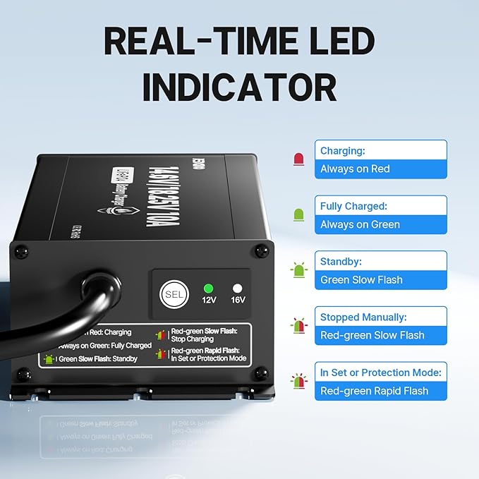 Redodo 14.6V/18.25V 10A Lithuim Battery Charger for Lithium Iron Phosphate Battery,Support Fast Charging,with IP65 Waterproof Design,LED Indicators,Designed for Deep Cycle LiFePO4 Battery Charging
