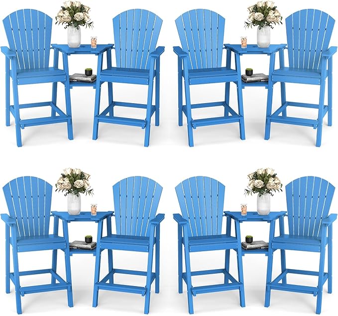 FOOWIN Tall Adirondack Chair Set of 8, All Weather HDPE Bar Height Adirondack Chair with Double Connecting Trays, Adirondack Barstools for Balcony, Deck, Backyard, Patio, Garden Pacific Blue