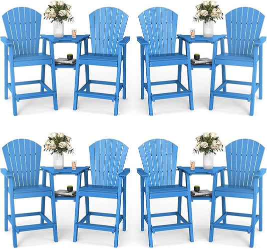 FOOWIN Tall Adirondack Chair Set of 8, All Weather HDPE Bar Height Adirondack Chair with Double Connecting Trays, Adirondack Barstools for Balcony, Deck, Backyard, Patio, Garden Pacific Blue