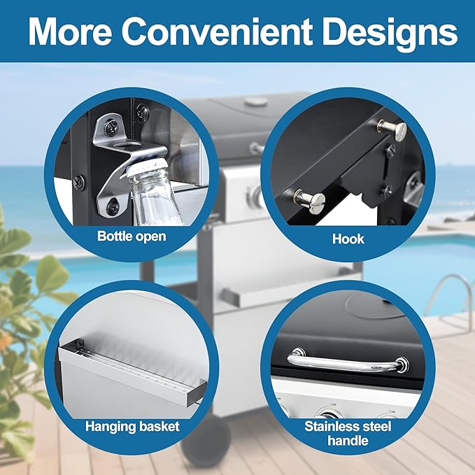 4-Burner Propane Gas Grill, Stainless Steel Control Panel, Easy Ignition, Temperature Gauge, 2-Enameled Cooking Grids, Portable With Wheels For 34,200 BTU Outdoor Barbecue BBQ Grill