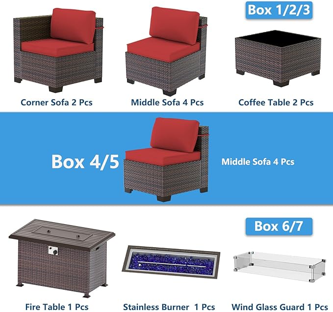 Outdoor Patio Furniture Set with Gas Fire Pit Table, 10 Pieces Outdoor Furniture Set Patio Sectional Sofa w/43in Propane Fire Pit, PE Wicker Rattan Patio Conversation Sets - Red