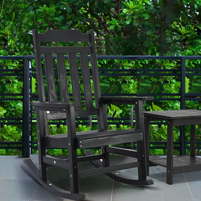 Rocking Chairs Set of 2, All Weather Resistant Poly Lumber Outdoor Porch Rocker, Rocking Chairs for Outdoor, Indoor, Patio, Deck, Garden, Backyard, Load Bearing 380 lbs - Black