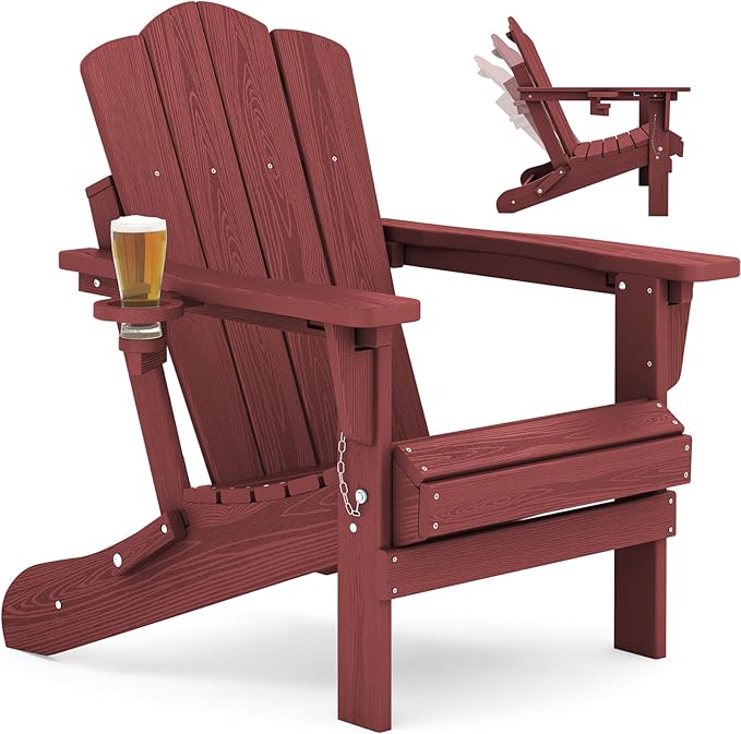 KINGYES Adjustable Folding Adirondack Chair, 3-Position Reclining Adirondack Chairs with Cup Holder, HDPE All-Weather Oversized Adirondack for Outdoor, Patio, Backyard Deck, Fire Pit, Red