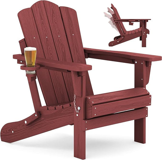 KINGYES Adjustable Folding Adirondack Chair, 3-Position Reclining Adirondack Chairs with Cup Holder, HDPE All-Weather Oversized Adirondack for Outdoor, Patio, Backyard Deck, Fire Pit, Red