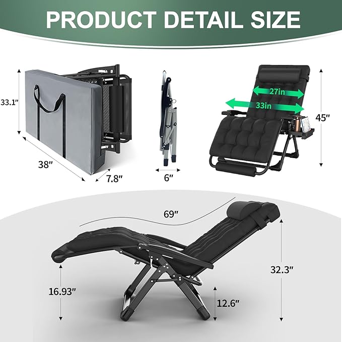 XXL Zero Gravity Lounge Chair 33", Oversized Padded Folding Recliner for Patio with Storage Bag, Removable Cushion, Footrest, Full Aluminum Lock & Large Cup Holder, Supports 500 lbs, Black