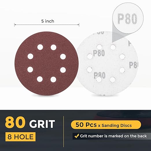 HARFINGTON 50 Pcs 5 Inch Sanding Discs, 80 Grit Hook and Loop Sandpaper, 8-Hole Aluminum Oxide Orbital Sander Pads for Woodworking Automotive Metal Polishing, Red