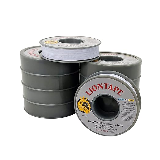 PROCURU Liontape G701 10-Pack 1/2" x 1200" (100-Ft) Heavy Duty Professional Teflon Tape, for Water/Oil/Gas, 4-Mil, High Density, Up to 12000 psi, Grey