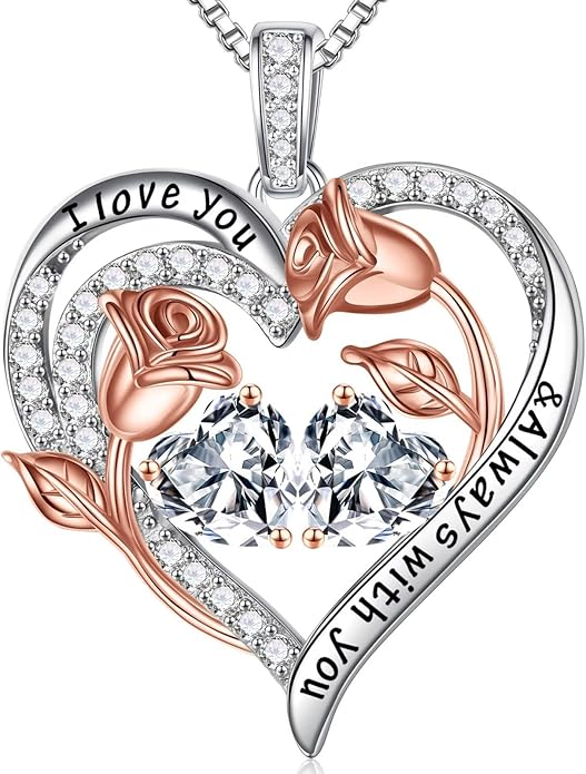 Iefil Christmas Gifts for Women Wife - 925 Sterling Silver Rose Heart Birthstone Necklace Birthday Anniversary Jewelry Gifts for Her Wife Mom Daughter