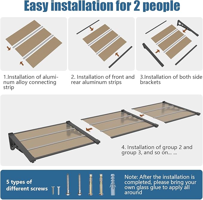 Door Awning Window Canopy, Modular Spliced Awnings for Outside,Porch,Patio,Deck,Polycarbonate Sheet,UV, Rain, and Snow Protection (Brown Board & Black Bracket, 35 * 48'')