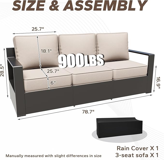 79" Aluminum Patio Sofa - All Weather Outdoor 3-Seat Sofa Couch with 6" Water-Resistant Cushions & Rectangular Framed Metal Armrest & Sofa Cover for Garden Porch (Beige)