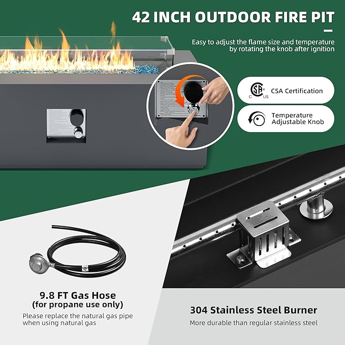 UPHA 42-inch Outdoor Propane Gas Fire Pit Table 50000 BTU Iron Rectangle Firepit for Outside Patio with Tank Hidden Table, Wind Guard, Removable Lid, Blue Glass Rocks, Rain Cover, Grey