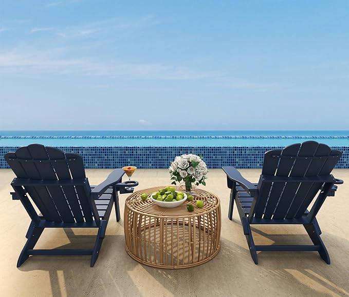 FOOWIN Adirondack Chair Set of 2, Folding Adirondack Chair with Cup Holder, HDPE All-Weather Fire Pit Chair for Patio, Garden, Backyard, Poolside, Navy Blue
