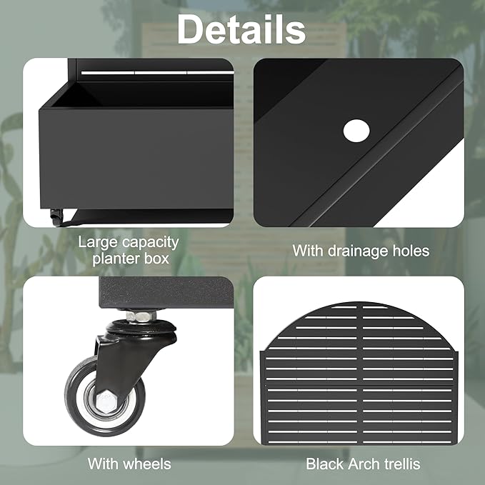 Metal Planter Box with Trellis for Climbing Plants Vegetables, Raised Garden Beds with Privacy Screen & Wheels, Standing Flower Box with Drainage Holes (47" L, Black Arch)