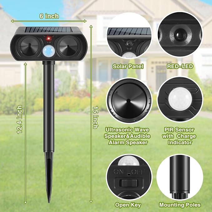 2025 Deer Repellent Device Ultrasonic Animal Repellent Outdoor Solar Animal Repeller with Motion Detection Waterproof Cat Deterrent Outdoor to Scare Rabbit Squirrel Skunk Fox Raccoon(2PACK)