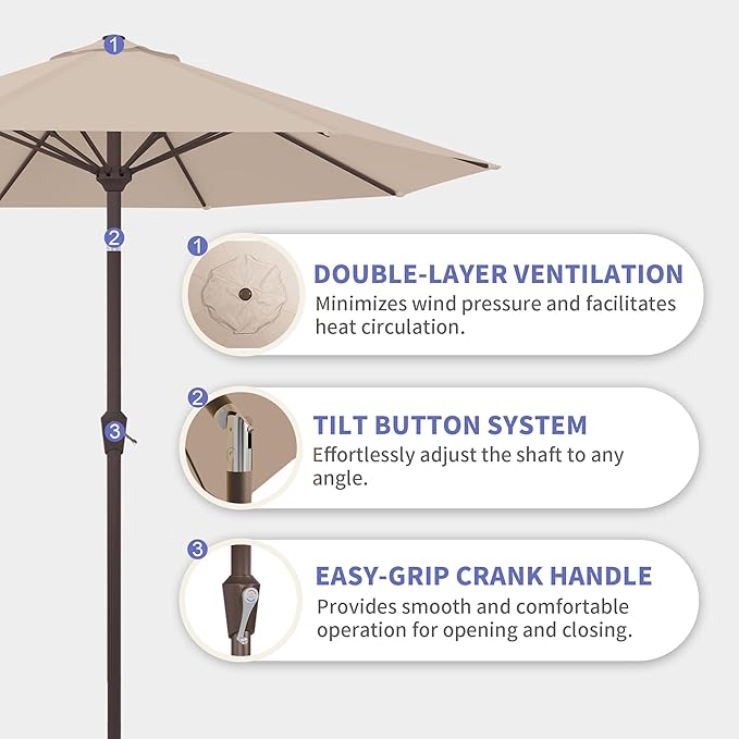 Kingdura 9FT Outdoor Patio Umbrella, Market Table Umbrella with Push Button Tilt and Crank, 8 Sturdy Fiberglass Ribs, UV Protection for Pool, Lawn, Deck, Backyard, Garden (Beige)