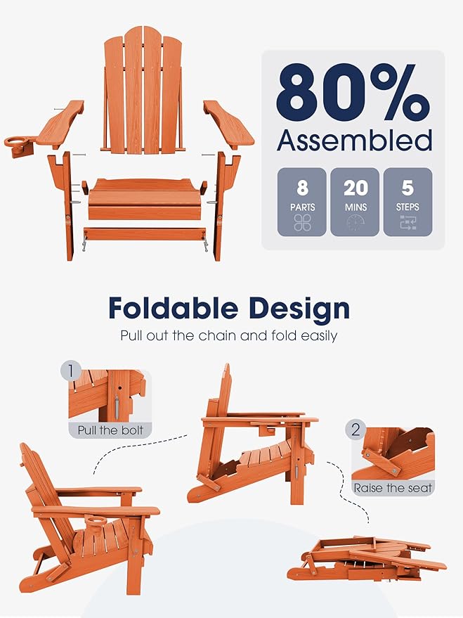 KINGYES Adjustable Folding Adirondack Chair, 3-Position Reclining Adirondack Chairs with Cup Holder, HDPE All-Weather Oversized Adirondack for Outdoor, Patio, Backyard Deck, Fire Pit, Orange