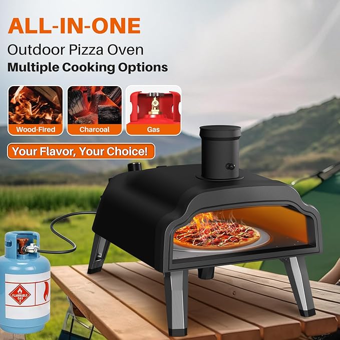 Multi-Fuel Pizza Oven Outdoor,12" Wood Fire & Propane Pizza Oven, Portable Rotating Pellet Gas Pizza Maker for Grill with Thermometer,Dual Fuel Stainless Steel Pizza Maker for Backyard Camping