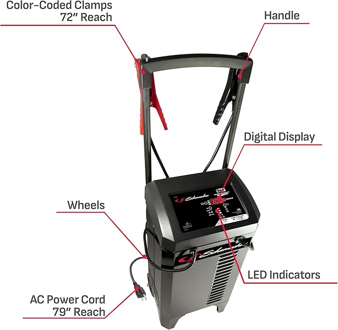 Schumacher Electric Wheeled Automatic 6A Car Battery Charger and 250A Engine Starter, 6-in-1 Solution, Maintainer, 40A Boost, for 6V/12V Power Sport, Automotive, and Marine Batteries, SC1325