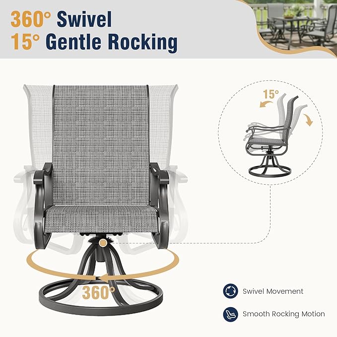 Amopatio Patio Swivel Chairs Set of 8, Outdoor Swivel Rocker Dining Chairs with All Weather Textilene High Back & Metal Frame, for Backyard Deck Lawn, Light Gray