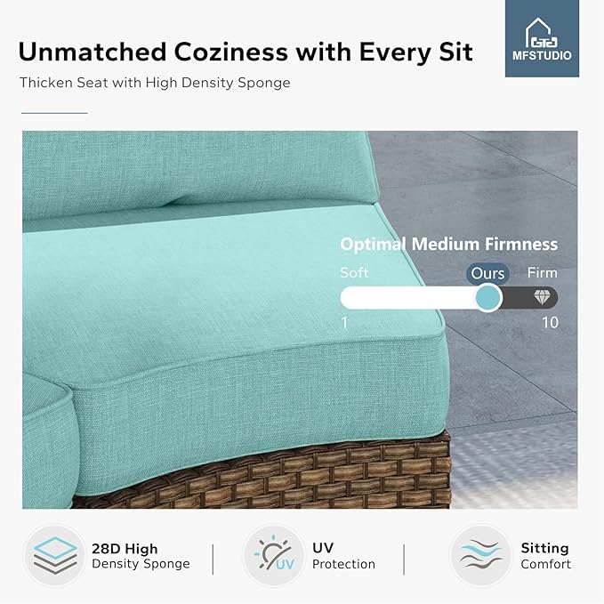 MFSTUDIO 7 Pieces Extra Large Wicker Patio Furniture Set, All-Weather Rattan Outdoor Conversation Half-Moon Patio Sectional Sofa Set, 4 x Curved Sofa, 1 x Armless Sofa, 2 x Ottomans(Aqua Blue Cushion)