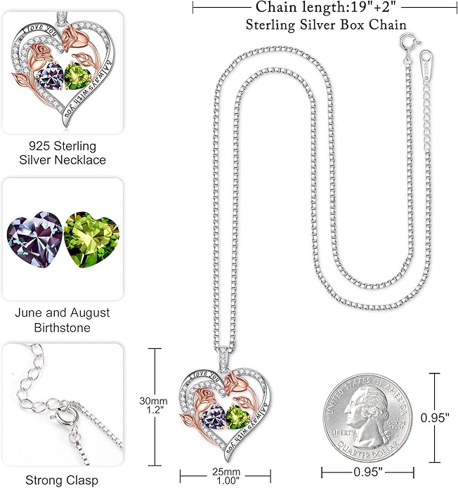 Iefil Christmas Gifts for Women Wife - 925 Sterling Silver Rose Heart Birthstone Necklace Birthday Anniversary Jewelry Gifts for Her Wife Mom Daughter