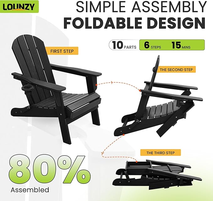 LOUNZY Folding Adirondack Chair with Cup Holder, HDPE All-Weather Folding Patio Chair, Outdoor Patio Adirondack Chair for Lawn Porch Garden Backyard Deck Fire Pit, Black