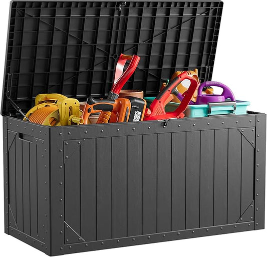100 Gallon Resin Deck Box, Waterproof Outdoor Storage Bin for Patio Furniture, Pool Accessories, and Garden Tools, Lockable & UV-Resistant, Black