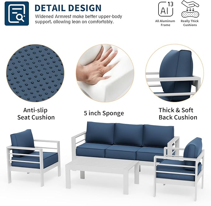 UDPATIO 6 Piece Aluminum Patio Furniture Set, Oversized Modern Outdoor Furniture Set with Olefin Fabric Cushion for Patio Deck Backyard, White/Navy(with Waterproof Covers)