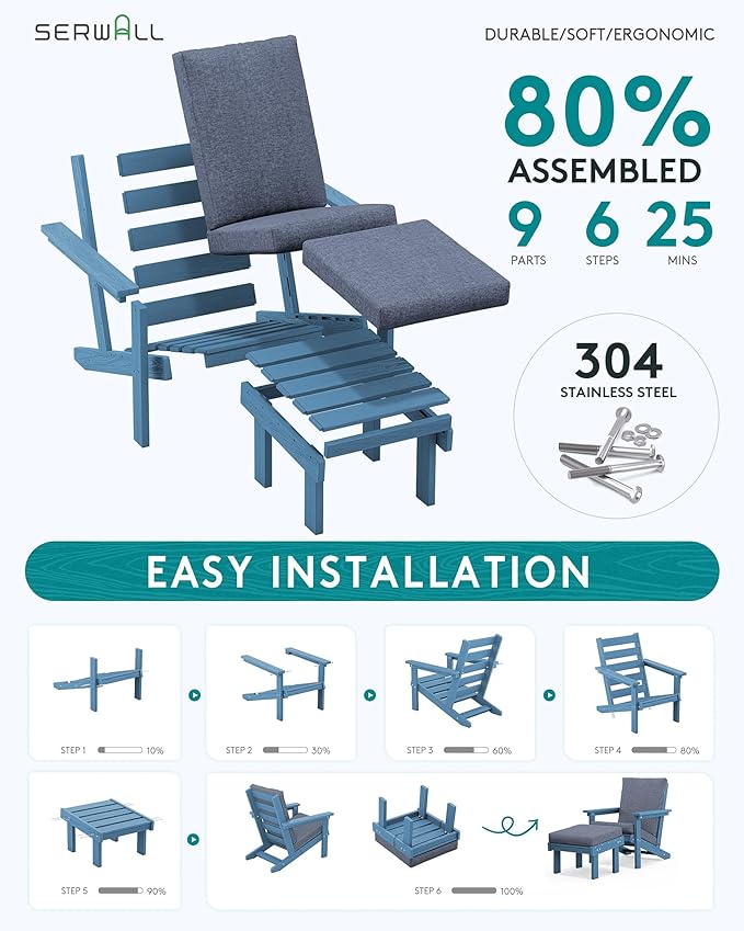 SERWALL Adirondack Chair with Cushion and Ottoman -All Weather HDPE Outdoor Adirondack Chair Set, Durable Adirondack Patio Chairs for Garden, Deck, or Poolside- Blue