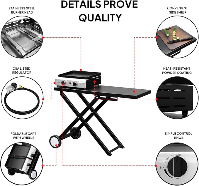 Bonnlo Foldable Flat Top Grill with 2 Burner, Powerful 20,000 BTU Propane Gas Grills with Ignition, Enamel Griddle, Side Shelf & Portable Cart with Wheels for Outdoor Camping Hibachi Grill Use