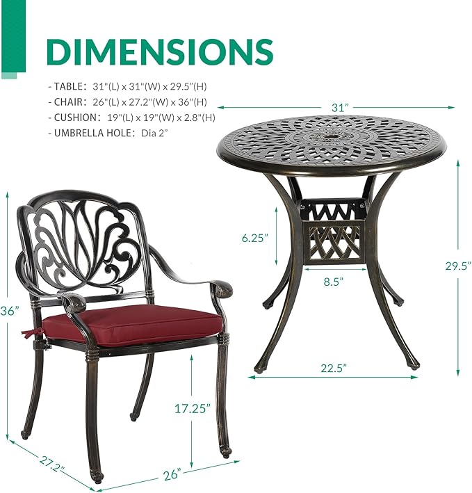 VIVIJASON 3-Piece Patio Bistro Set, All-Weather Cast Aluminum Outdoor Furniture Dining Set, Include 2 Cushioned Chairs and 31" Round Table w/Umbrella Hole for Balcony, Lawn, Backyard, Red Cushion
