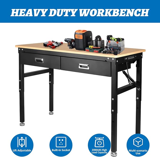 Workbenche with Drawers,48'' Workbench with Power Outlet for Garage,2000 Lbs Capacity Adjustable Workbench,Heavy Duty Table for Workshop Office Home Commercial