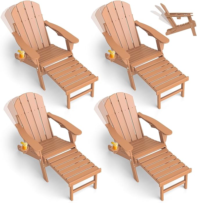 GREENVINES Adjustable Adirondack Chair with Retractable Ottoman Set of 4 | Folding | HDPE Plastic | Fire Pit Chairs w/Foot Rest | 2 Cup Holders | Teak | for Outdoor Patio Poolside Deck