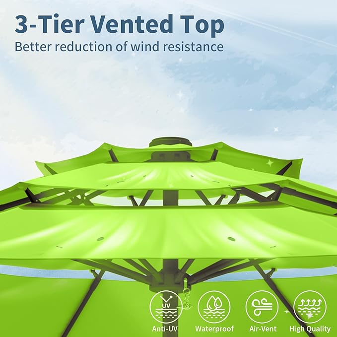 9FT 3 Tiers Patio Umbrella with Auto Tilt and Crank,Outdoor Table Market Umbrella with 8 Sturdy Ribs for Garden,Lawn,Deck,Backyard and Pool,Apple Green