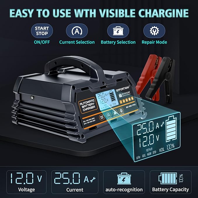 25A Battery Charger, 12V/24V Lead Acid, 12V LiFePO4. Smart Battery Charger with Trickle Charge. Car Battery Maintainer with LCD Display. Suitable for Trucks, Motorcycles