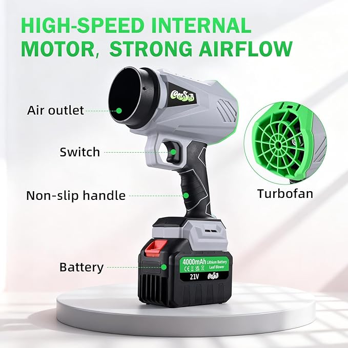 Leaf Blower Cordless, 21V Electric Leaf Blower with 2 Batteries and Charger, 4.0Ah Battery Powered Handheld Leaf Blowers for Lawn Care, Patio, Dust, Snow, Leaf Blowing Green