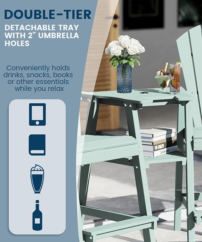 FOOWIN Tall Adirondack Chair Set of 4, All Weather HDPE Bar Height Adirondack Chair with Double Connecting Trays, Adirondack Barstools for Balcony, Deck, Backyard, Patio, Garden Aruban Blue