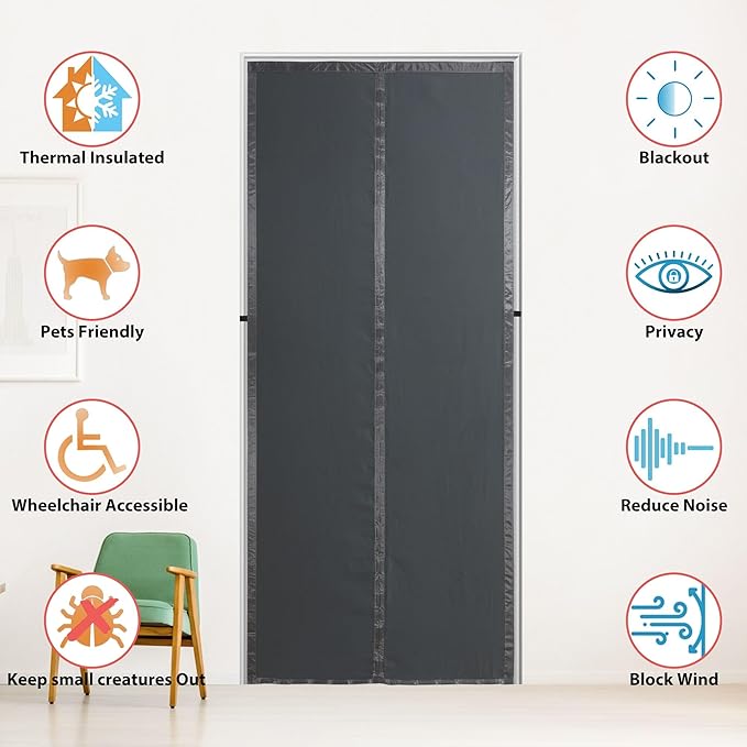 Magnetic Thermal Insulated Door Curtain,Thicker Layered Fabric Self Closing Door Curtains,Temporary Thermal Curtains Keep Warm Winter&Cool Summer,Privacy Barn Draft Stopper Cover