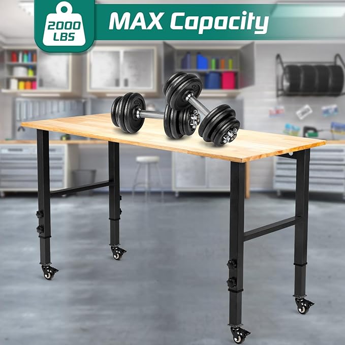 48 "Adjustable Wheels Workbench, Heavy Duty 2000 LBS Load Capacity Hardwood Workbench Suitable for Workshop, Office, Garage, Home (Metal Wheels丨No Power Outlets 48"x24")