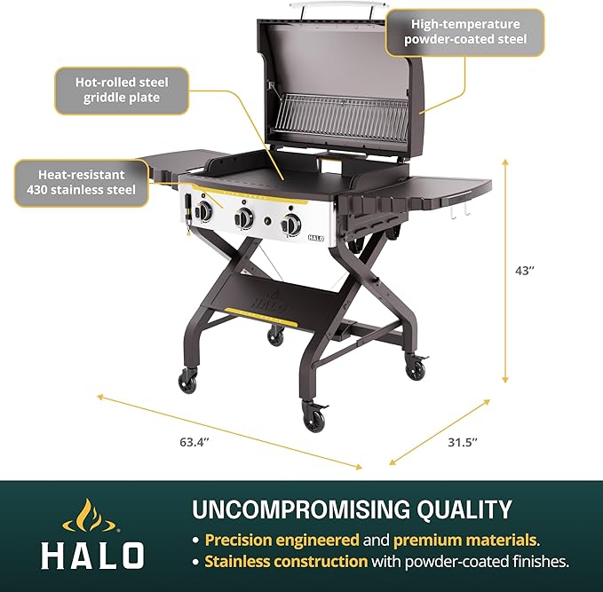 HALO Elite3B Outdoor Griddle | 3 Burner, 6 Cooking Zones | Large Surface with Warming Rack | 564 sq. in. (28.19″ x 20″) Wind-Proof Cooking Surface | Propane and Natural Gas Grill | HZ-1002-XNA